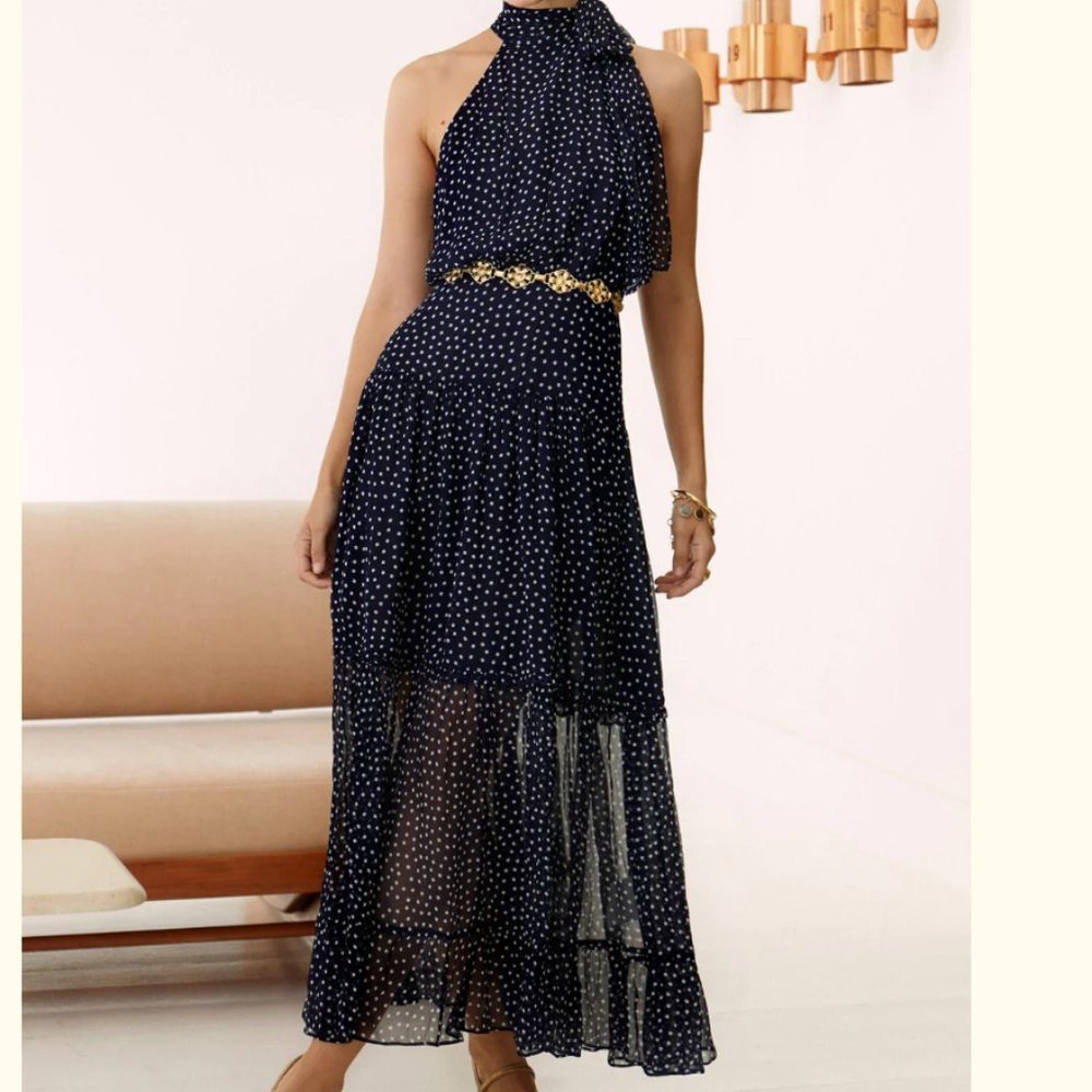 RIXO LONDON Eleanor Tie-neck Polka Dot Silk A-line Midi Dress - Medium NWT